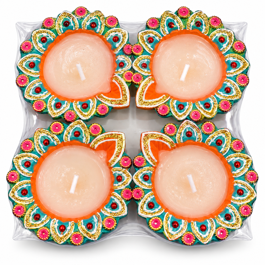 Jai Hanuman Decorative Clay Wax Diyas, Scalloped 4-Pack