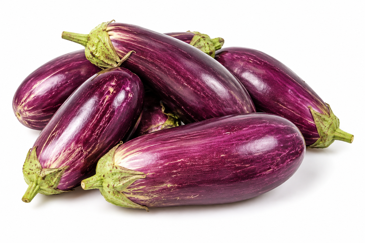 Fresh Guyana eggplants with glossy purple and pale striped skins on a white background